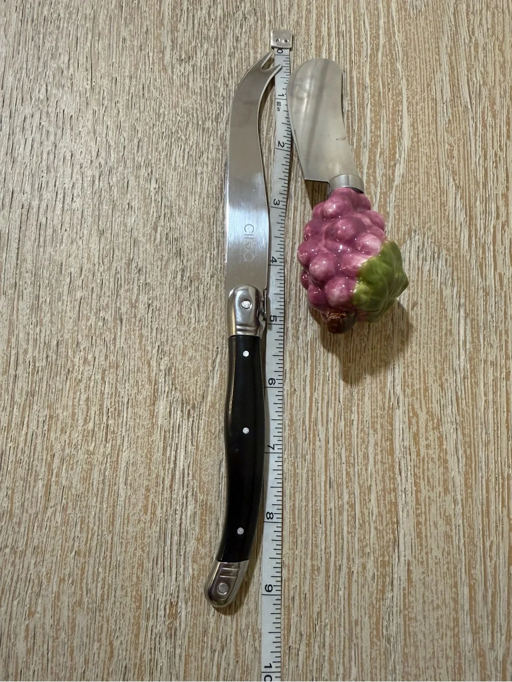 Black-Handled Cheese Knife Set with Purple Grape Spreader